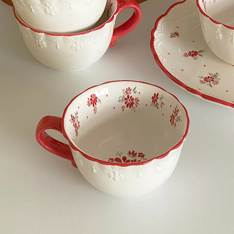 Vintage Red Floral Ceramic Coffee Mug