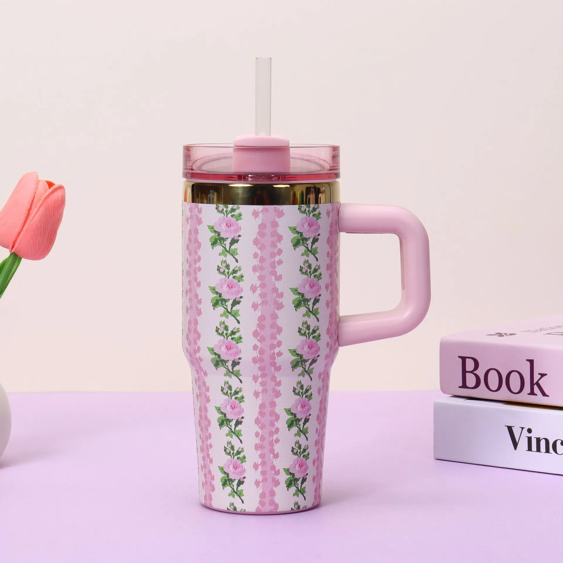 Insulated Travel Tumbler with Handle Straw Lid