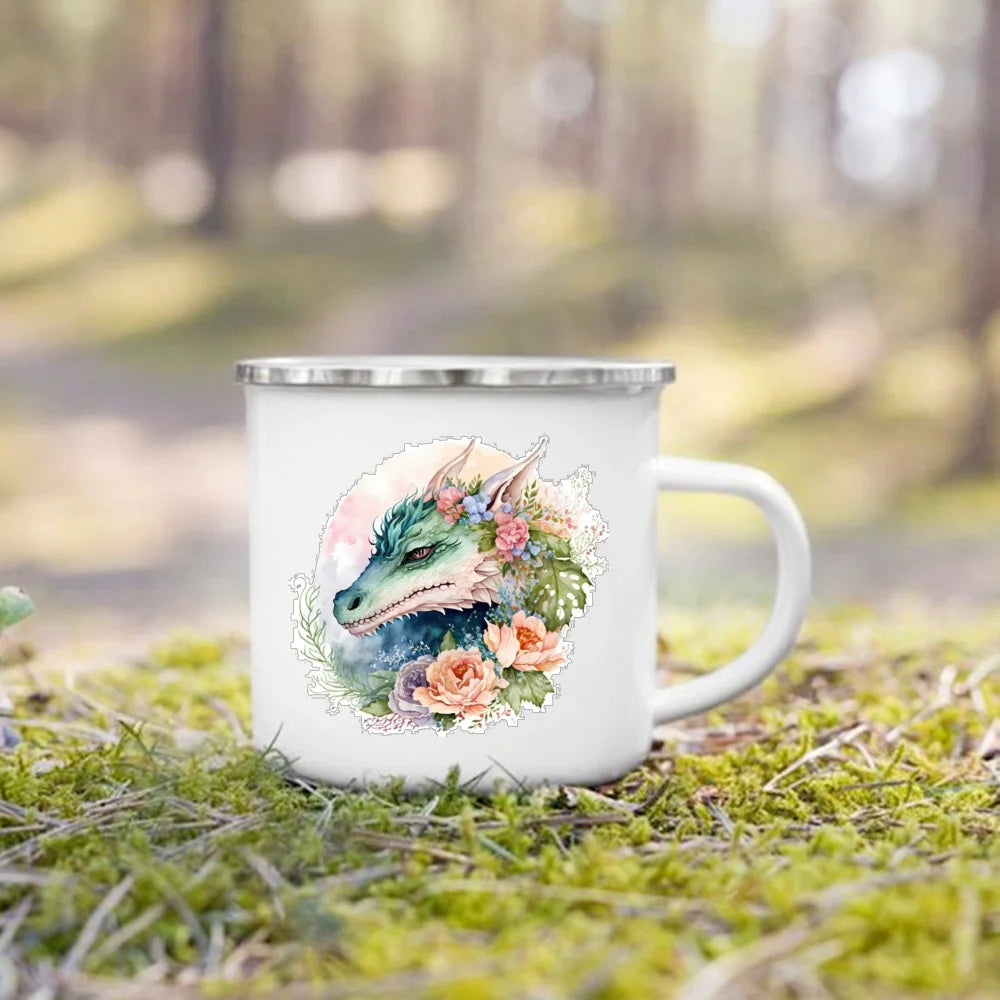 Dinosaur Horse Flower Print Enamel Mug