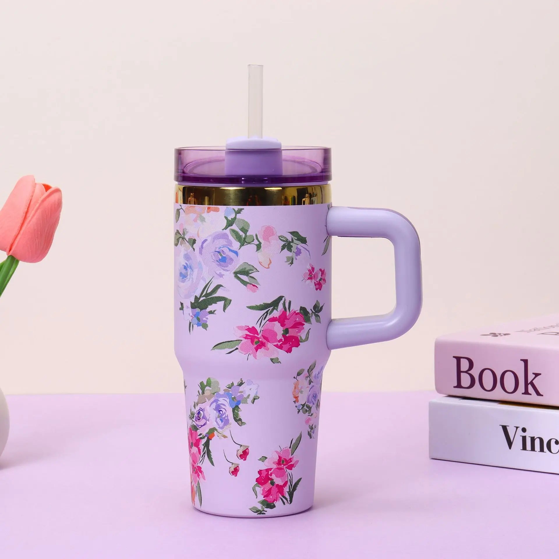 Insulated Travel Tumbler with Handle Straw Lid