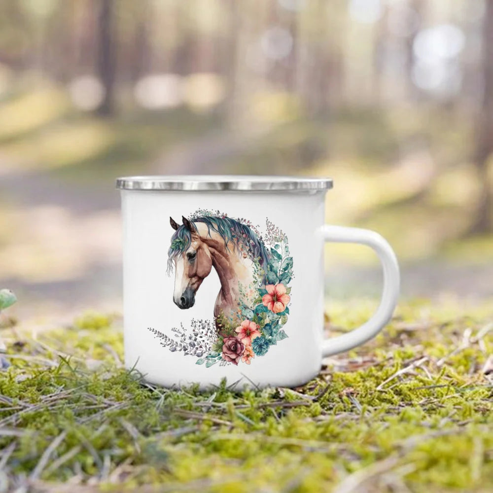 Dinosaur Horse Flower Print Enamel Mug