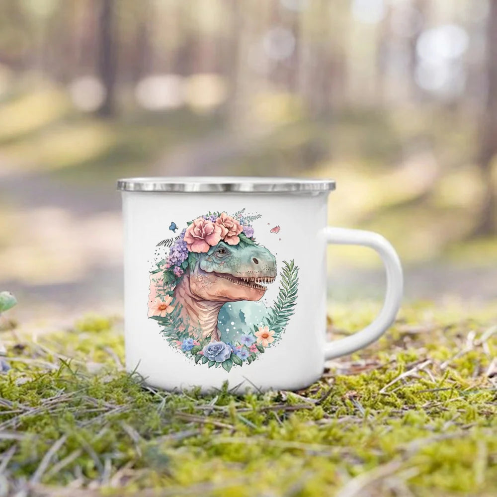 Dinosaur Horse Flower Print Enamel Mug