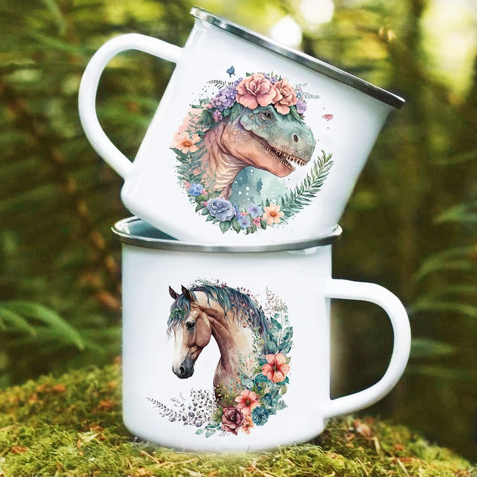 Dinosaur Horse Flower Print Enamel Mug