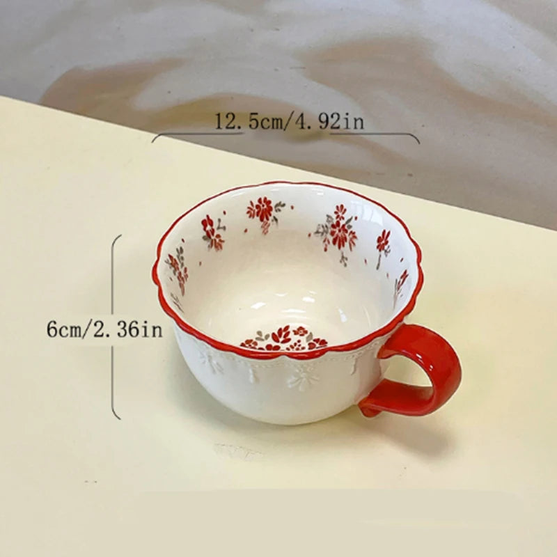Vintage Red Floral Ceramic Coffee Mug