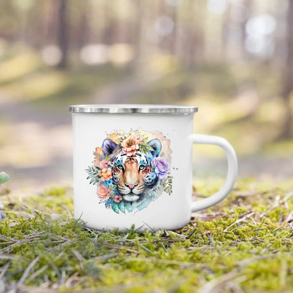 Dinosaur Horse Flower Print Enamel Mug
