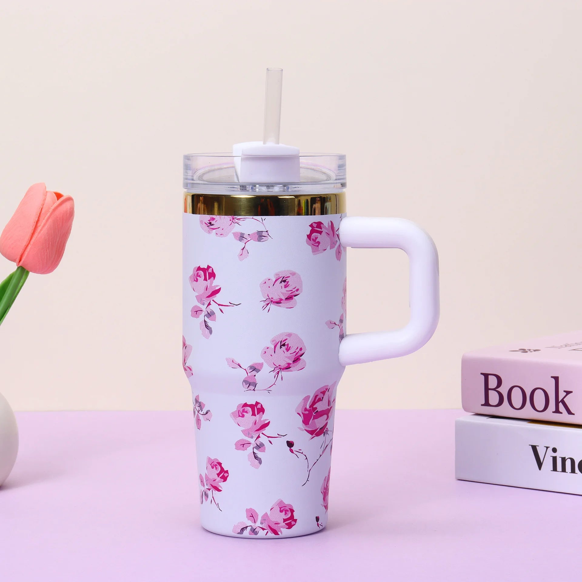 Insulated Travel Tumbler with Handle Straw Lid