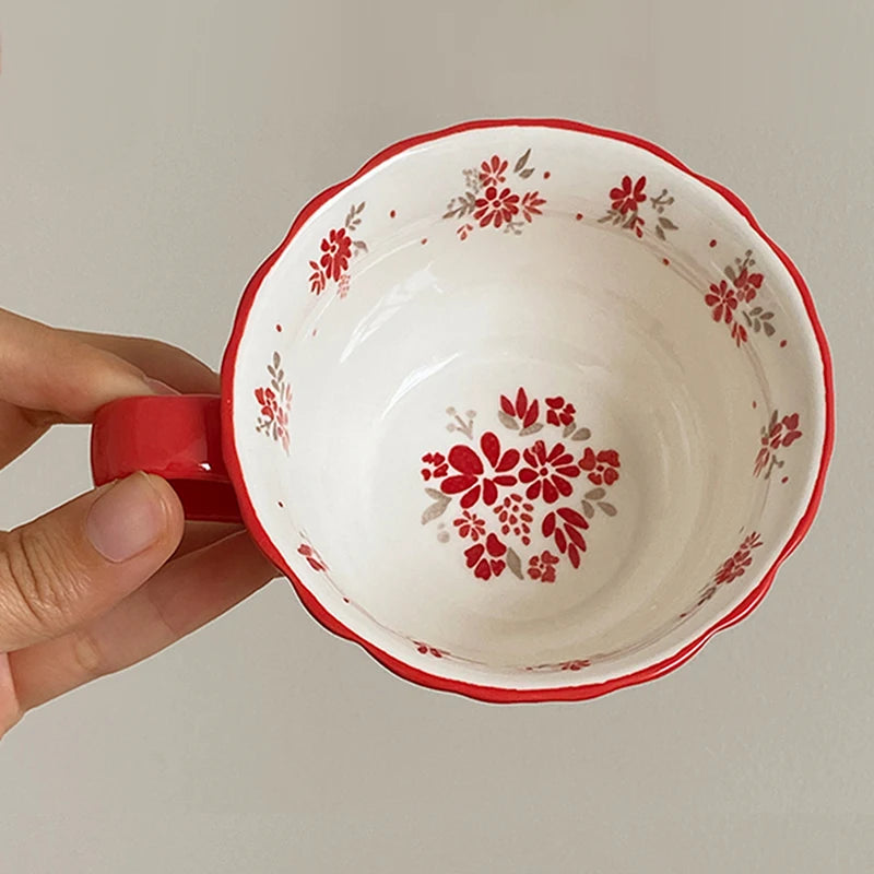 Vintage Red Floral Ceramic Coffee Mug