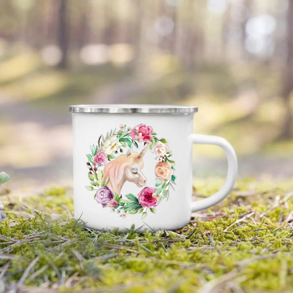 Dinosaur Horse Flower Print Enamel Mug