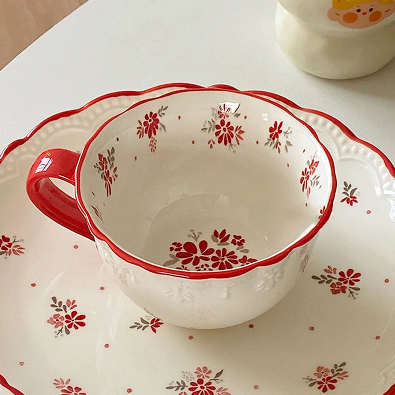 Vintage Red Floral Ceramic Coffee Mug